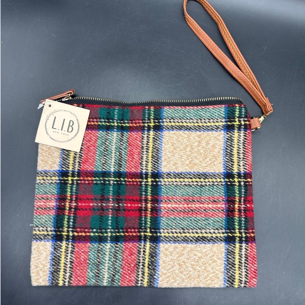 LIB New York Flannel Clutch Wristlet Zip‎ Top NWT